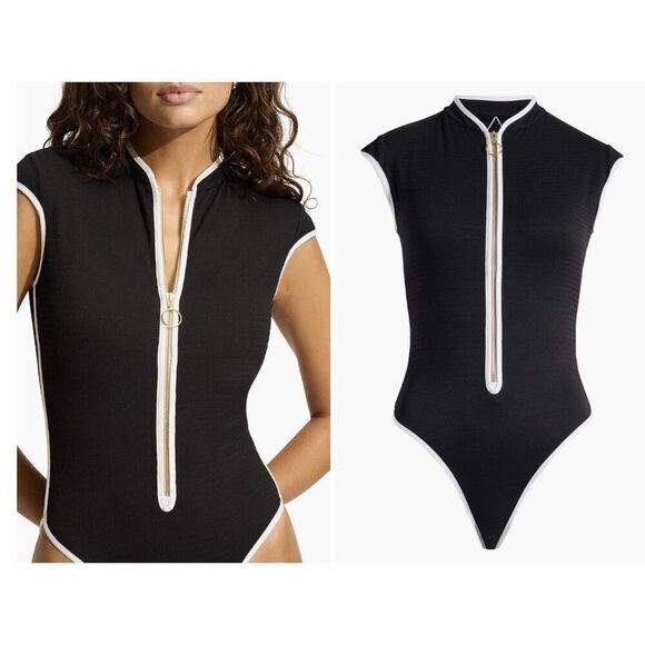 New $220 Seafolly Cap Sleeve Colorblock Zip-Up One-Piece Swimsuit  6 US 10 UK - Picture 2 of 6
